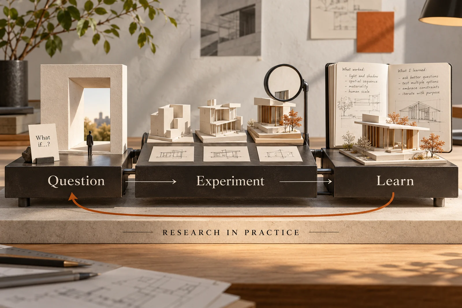 Conceptual infographic: Question → Experiment → Learn